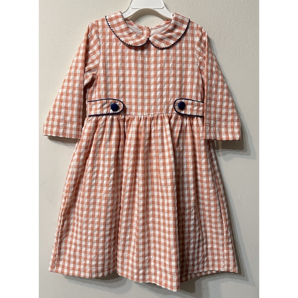 Girls Orange Gingham Dress Peter Pan Collar 100% Cotton Long Sleeve Size 6